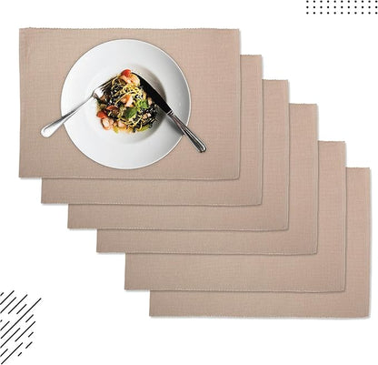 Encasa XO Dining Placemat Set of 6 | Solid Beige Color | Fine Ribbed Cotton Table mat | Size 19x13 in | Machine Washable