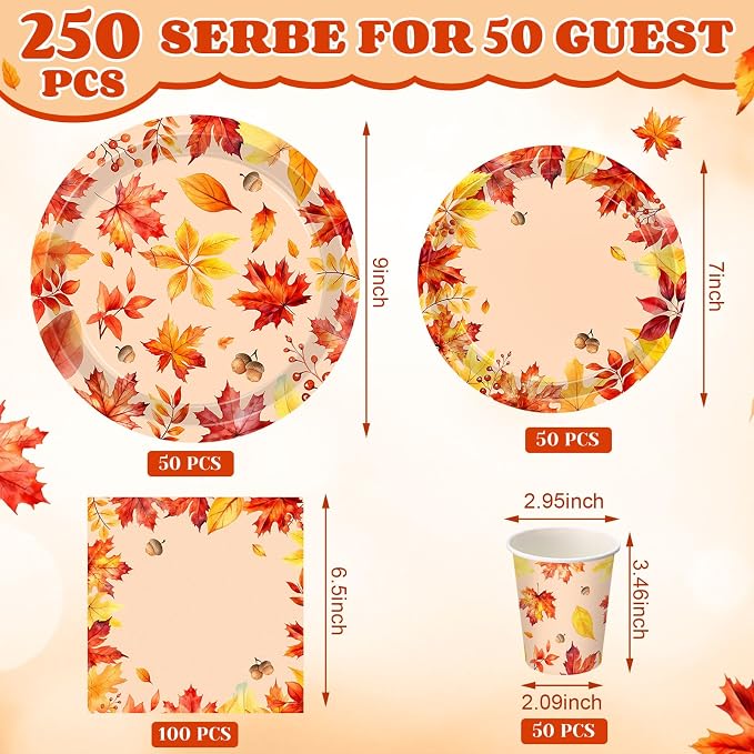 Funnymoom 250 Pcs Fall Thanksgiving Party Decorations Serves 50 | Plates - Image 2