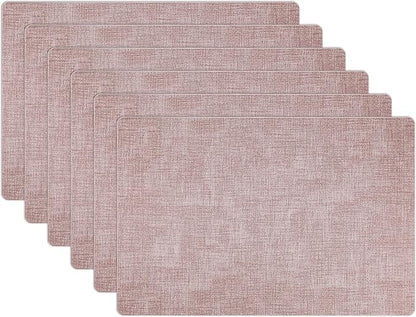Placemats Set of 6 Faux Leather Heat Resistant Tables Mats Waterproof Oilproof Wipeable Reversible Anti-Slip Place Mats for Kitchen/Dining/Party/Outdoor 11.8" x 16.9", Pink