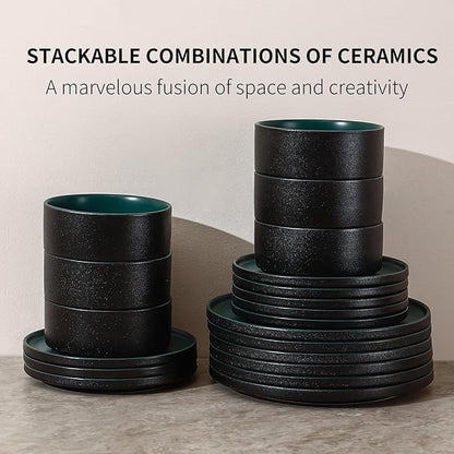 GZG Classic Series - Plates and Bowls Set for 8, 24 Piece Stoneware Dinnerware Sets, Microwave and Dishwasher Safe Lead-Free Handcrafted Ceramic Dishes Set - Malachite Green