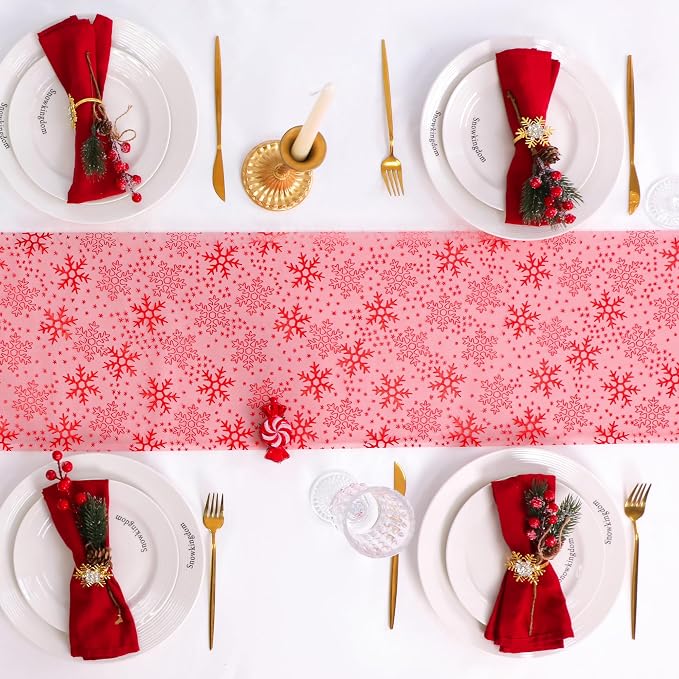 Snowkingdom 2 Pcs Christmas Red Snowflake Table Runner 108 Inch Sparkly Red - Image 6