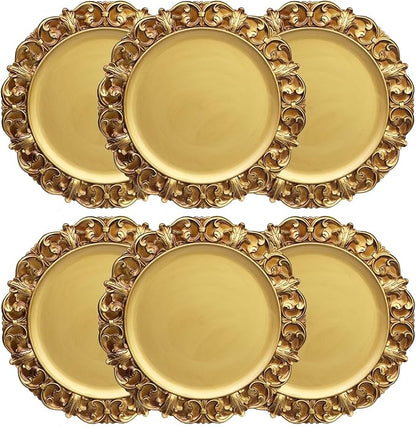 13" Antique Gold Charger Plates, Set of 6 Plastic Textured Chargers for Dinner Plates with Embossed Rim, Table Décor, Party, Wedding, Holiday
