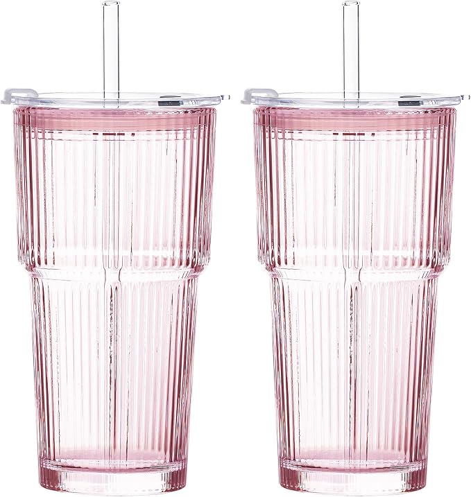 20oz Iced Coffee Cups with Lids, Ribbed Glass Cups with Lids and Straws | Thick by GOSCHE