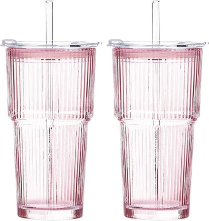 20oz Iced Coffee Cups with Lids, Ribbed Glass Cups with Lids and Straws | Thick by GOSCHE