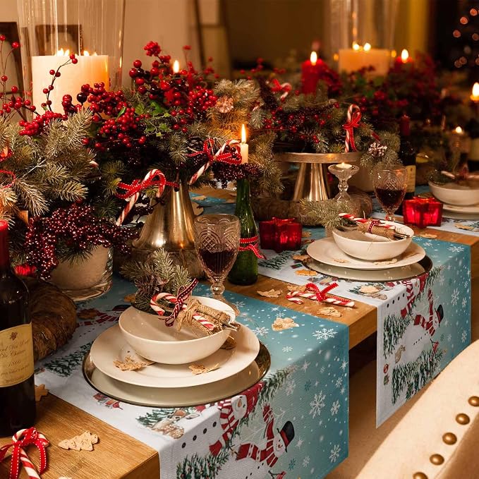 Teal Christmas Snowman Table Runner 70 Inches Long, Xmas Trees Snowflake Table - Image 6