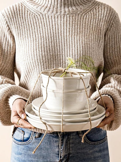 LE TAUCI Dishes Set for 4, Stoneware Plates and Bowls Set, Farmhouse Ceramic Dinnerware, Microwave & Dishwasher Safe, Stackable,12-Piece, Arctic White (10" Dinner+8" Salad Plates+6" Bowls)