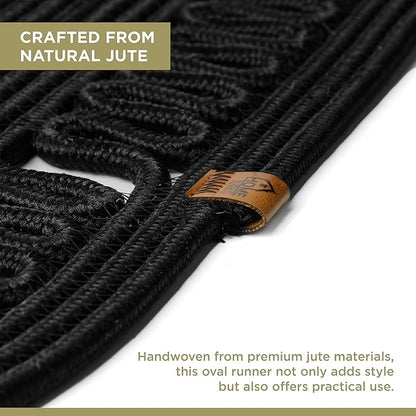 Oval Jute Table Runner | Woven Braided Dining Runner | Natural Textured Rattan Table Runner for Dining Table Coffee Table or Patio 11.8 x 27.5 (Black)