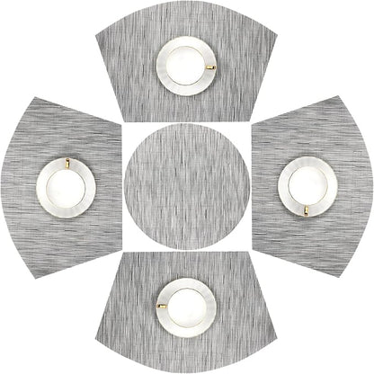 SHACOS Round Table Placemats Set of 5 Woven Vinyl Wedge Placemats with Centerpiece Round Table Mats Heat Resistant Wipe Clean (5, Silver Grey)