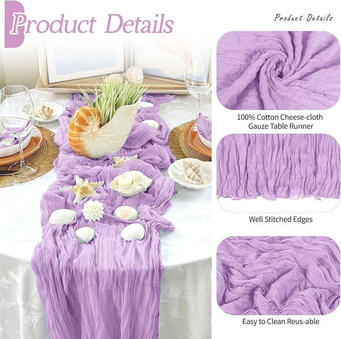3 Pack Lavender Cheesecloth Table Runner 17x108 Inch Semi Sheer Boho Gauze - Image 3