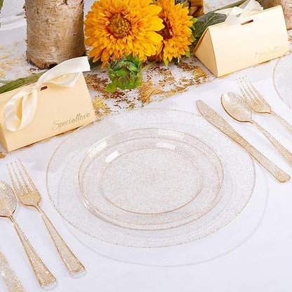 WDF 200PCS Gold Plastic Plates - Gold Glitter Plastic Plates - Heavy Duty Gold Glitter Disposable Plates - Include 100 Dinner Plates 10" and 100 Dessert Plate 7" for Party Wedding Valentine's Day