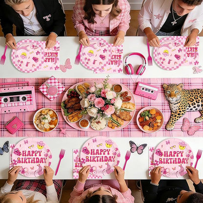 96Pcs Pink Checkered Preppy Birthday Party Supplies Serves 24 | Pink Smiley - Image 8