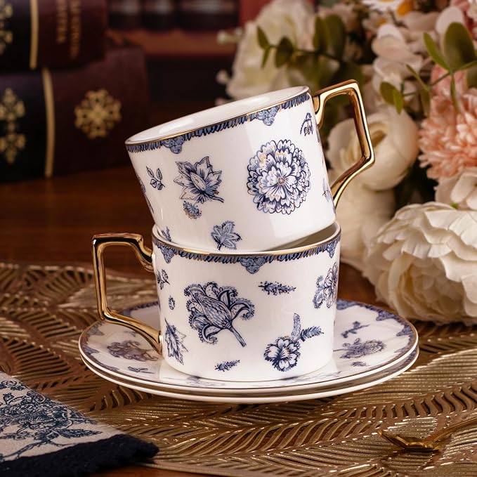 KAMMAK Tea Cups and Saucers Set of 2, Fine Bone China Coffee Cups, 571N | - Image 4