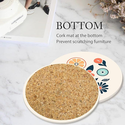 Boho Set of 6 Coasters for Drinks Absorbing Round Ceramic Stone Coaster with Cork Base,Tabletop Protection Mat for Mugs and Cups,Office,Kitchen (Boho Flower)