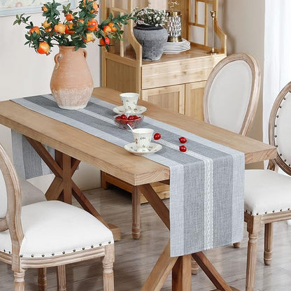 NEWISHER Farmhouse Braided Striped Embroidery Table Runner 90 inches Grey | - Image 2