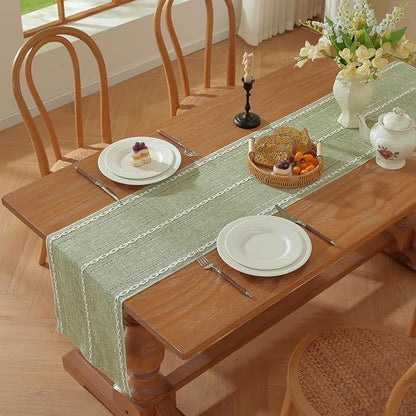 Sage Green Boho Cotton Linen Table Runner, Farmhouse Woven Table Runners Spring - Image 6