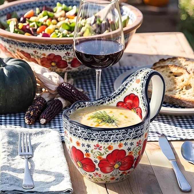 ALMA Soup Bowl With Handle, 16oz Handpainted Floral Soup Mug Microwave Safe | - Image 3