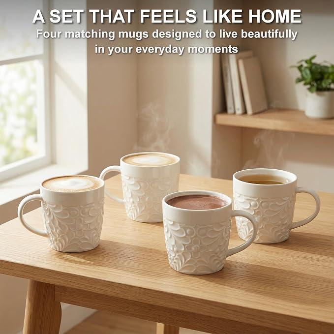 25DOL 16 oz Ceramic Coffee Mugs Set of 4 – Embossed Nature-Inspired Design - Image 8