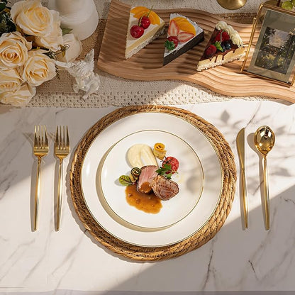 I00000 150Pcs Ivory Plastic Plates with Gold Rim,Nice Disposable plates,Gold Plastic Plates,Ivory Disposable Plates Set include 30 Dinner Plate,30 Dessert Plate,90 plastic Silverware Set for Party