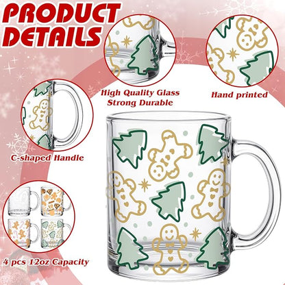 Tioncy 4 Pcs Christmas Coffee Mugs 12 oz Gingerbread Man Glass Cups - Image 3