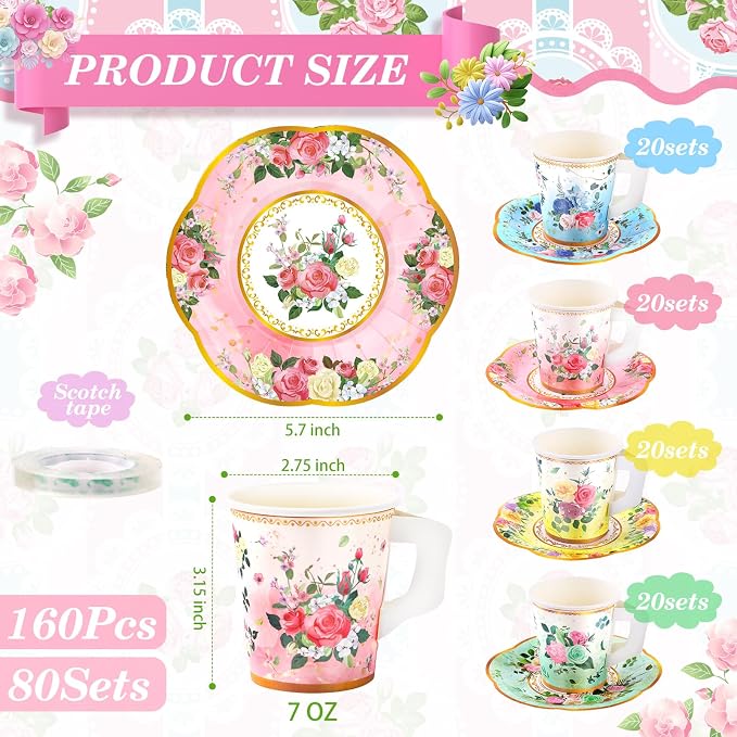 SUMMORO 160 Pcs Floral Paper Tea Cups and Saucers 7 OZ Disposable Paper Tea Cups - Image 2