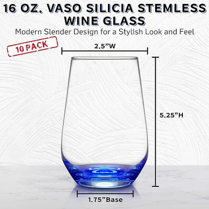 DISCOUNT PROMOS 10 Vaso Silicia Stemless Wine Glasses Set, 16 oz. - Clear, Orb-Like, Thick base - Blue