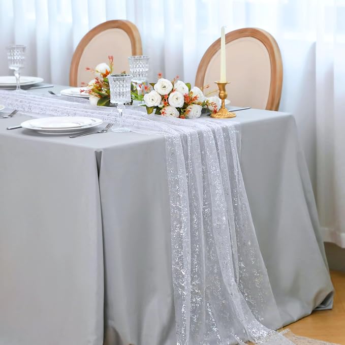 Snowkingdom White Silver Table Runner Gauze Sheer Tulle 10 FT 120 Inch Sparkly - Image 5