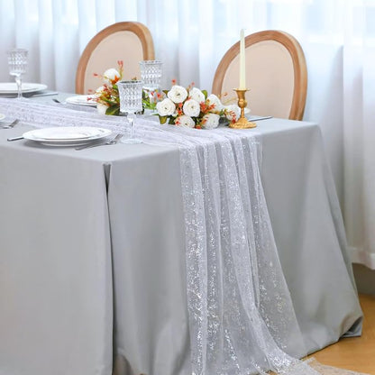 Snowkingdom White Silver Table Runner Gauze Sheer Tulle 10 FT 120 Inch Sparkly - Image 5