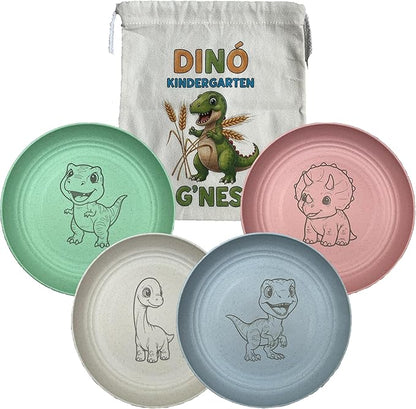 Wheat Straw Plate Set for Toddlers with Dinosaur Patterns | 4 Engraved, Eco-Friendly Food Plates | Free Dinosaur Backpack Included | Dishwasher & Microwave Safe | Excellent Gift for Childrens
