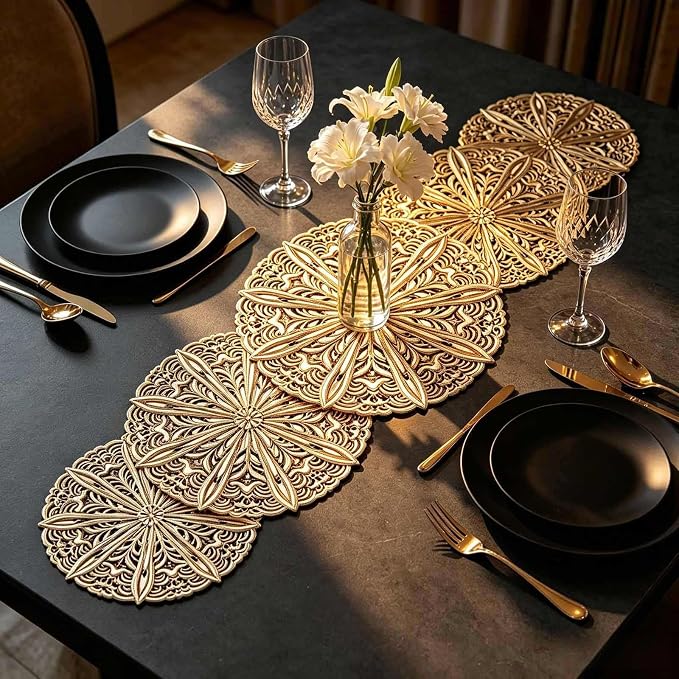 Gold Table Runner 36 Inches Flower Dining Table Runner Fall Decor | Vinyl - Image 9