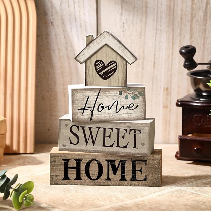 Moucuny 4 Pcs Farmhouse Table Decor Rustic Home Sweet Home Tiered Tray - Image 6