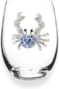 THE QUEENS' JEWELS - Blue Crab Stemless Wine Glass, 21 oz. - Coastal Elegance with Rhinestone Sparkle - Hand-Decorated Glassware - Not Painted - Dazzling and Unique