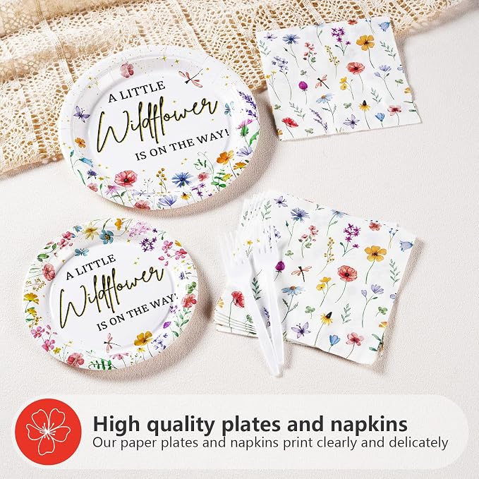 96PCS Wildflower Baby Shower Decorations Little Wildflowers Party Plates - Image 2