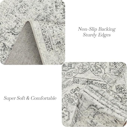 5x7 Area Rugs Grey Low Pile Indoor Washable Trendy Faded Style Floral Rugs for Bedroom Living Room Dining Room Foldable Non-Slip Thin Print Mat
