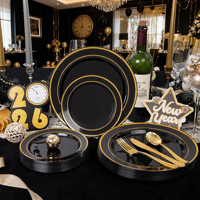 350 Pieces Black and Gold Plastic Plates - Image 5