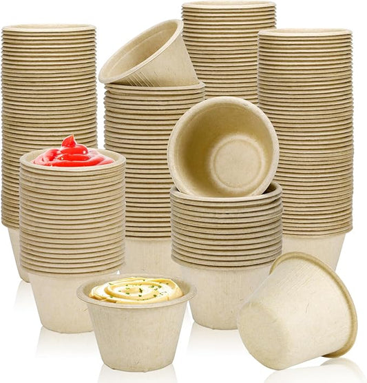 LeonBach 150 Pack 4oz Natural Bagasse Fiber Sauce Cups, Compostable Small Disposable Paper Dipping Bowls Biodegradable Condiment Portion Sample Snack Charcuterie Serving Tasting Cups