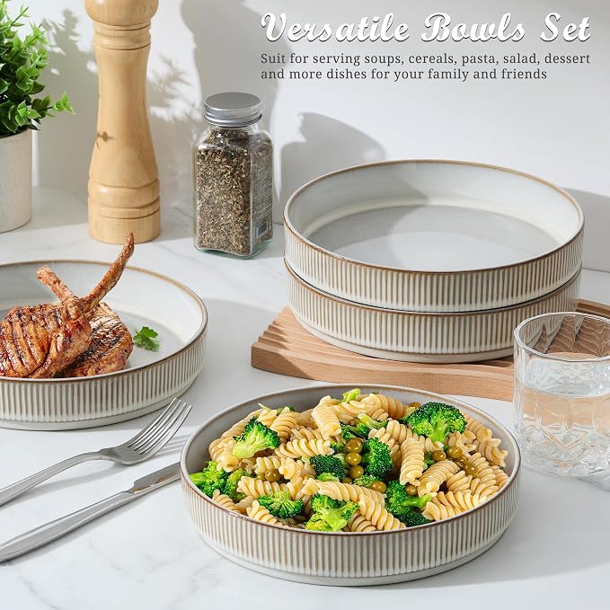 E-far Pasta Bowls Set of 4, 35oz Large Salad Bowl Plate - Image 4