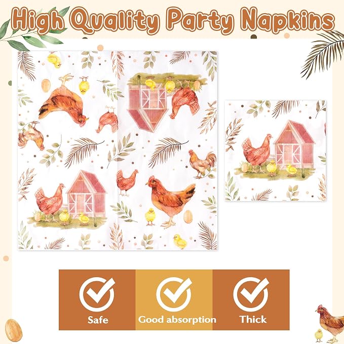 96Pcs Chicken Barnyard Farm Animal Watercolor Hen Chick Party Plates Supplies - Image 4