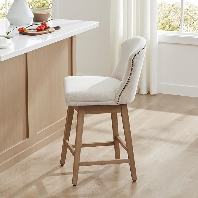 CHITA Counter Height Swivel Barstools, FSC Certified Upholstered Performance Fabric Bar Stools Set of 2, 26" Seat Height, Linen