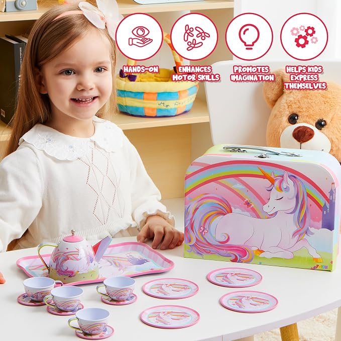 JOYIN Unicorn Tea Party Set for Little Girls, Pretend Pink Tin Teapot Set - Image 6