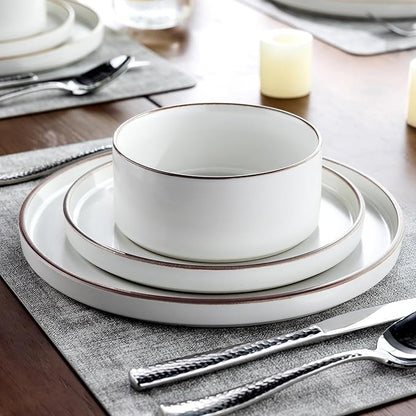 LERATIO Ceramic Dinnerware Sets for 8, High Edge Stoneware Plates and Bowls Set, Chip and Crack Resistant | Oven & Dishwasher & Microwave Safe Dishes Set, Service for 8 -Vanilla White