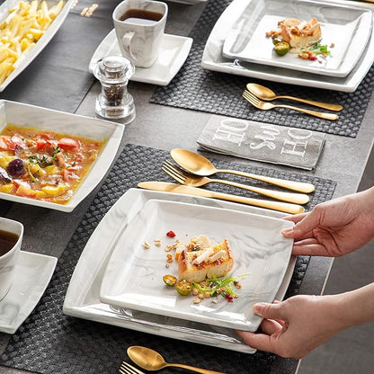 MALACASA Dinnerware Sets, 32 Pieces Porcelain Plates and Bowls Sets for 6, Marble Grey Dishes with Plates and Bowls, Cups and Saucers, Side Dish Plates, Square Dinner Set, Series Blance