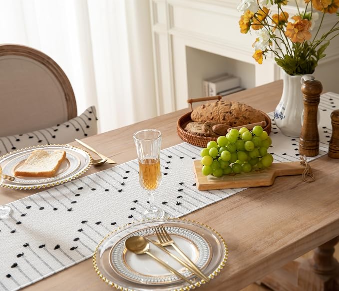 Boho Table Runner 13 x 48 Inch Long Natural Cotton Woven Runner - Image 2
