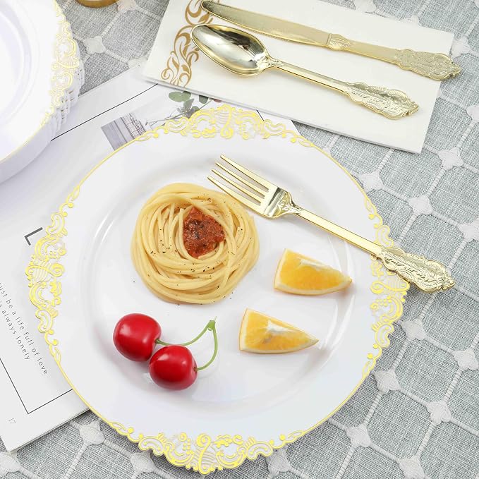 25 Pack 10.5 Inch golden Rim Plastic Plates, Heavy Duty Disposable White - Image 8