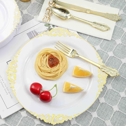 25 Pack 10.5 Inch golden Rim Plastic Plates, Heavy Duty Disposable White - Image 8