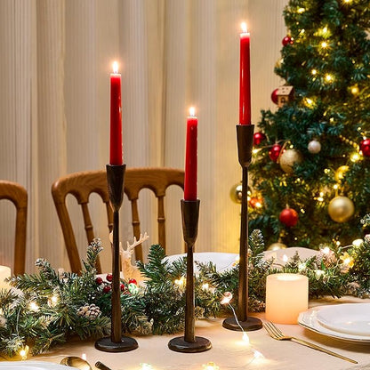 Cast Iron Taper Candle Holder Set of 3, Heavyweight Tall Candlestick Holders, for Fireplace Mantle & Dining Table, Versatile Decor for Wedding, Holiday, Home & Christmas (Black)