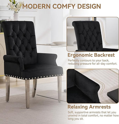 Velvet Dining Chair with Arms, Upholstered Tufted High Back Dining Room Chairs, Accent Armchair with Chrome Leg and Nailhead Trim, Kitchen Dining Living Room, Black
