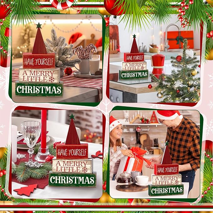 Moucuny 4 Pcs Christmas Decor Wooden Christmas Tree Winter Tiered Tray Decor - Image 4