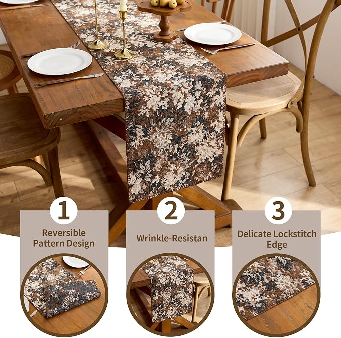 ORTIGIA Vintage Floral Table Runner, Boho Chenille Coffee Brown Farmhouse - Image 7