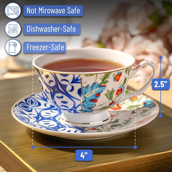 BTaT- Floral Tea Cups and Saucers, 8 oz, Fine Porcelain Teacup Set - Image 3