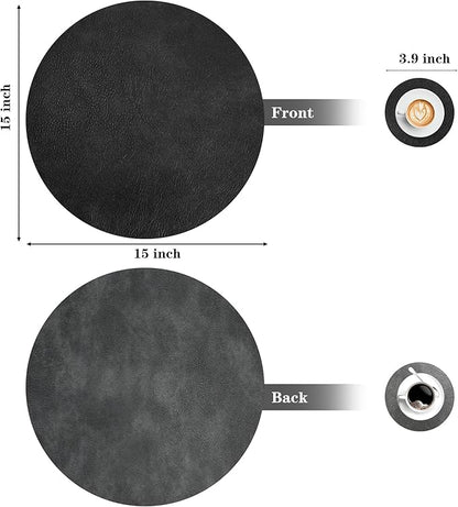 Round Placemats and Coasters Set of 4, Washable Reversible Faux Leather Placemats Cowhide Pattern Place Mats Wipeable Non-Slip 15 inch Round Kitchen Dining Table Mats (Gray Black, 4)